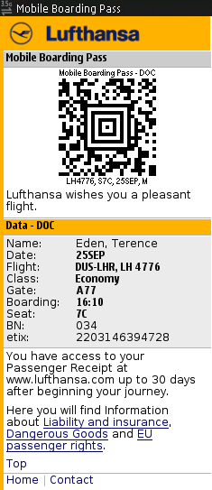 Screenshot of a mobile web page. There is a large 2D barcode at the top, followed by all my flight information.