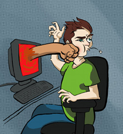 A fist emerges from a computer screen and punches the user.