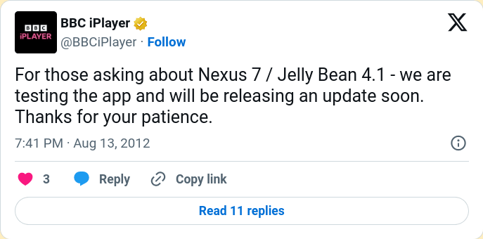 Screenshot of a Tweet. The BBC say they're testing a new version of iPlayer for Android Jelly Bean.