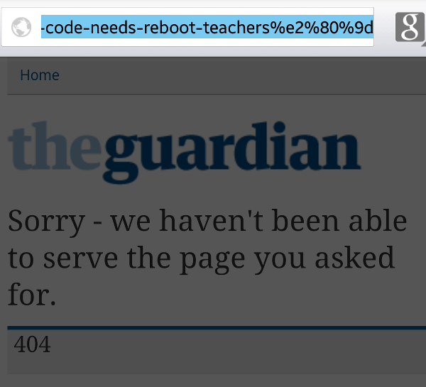 Screenshot showing a 404 error on the Guardian's website.