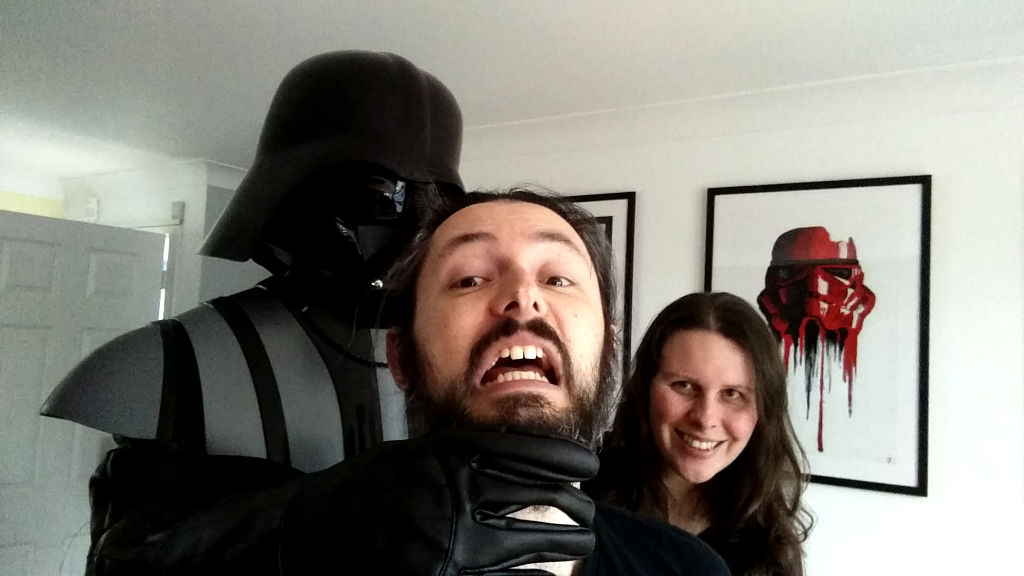 Selfie of me and Liz. I am being strangled by Darth Vader.