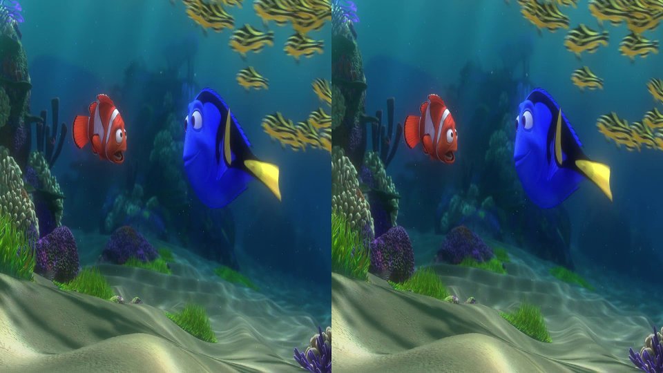 Still from the moview Finding Nemo. The image is split side by side.