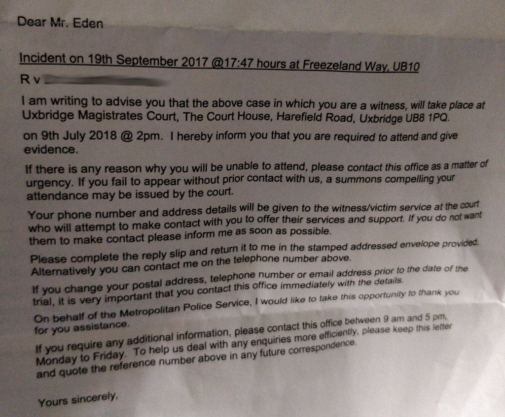 Letter telling me to go to court as a witness