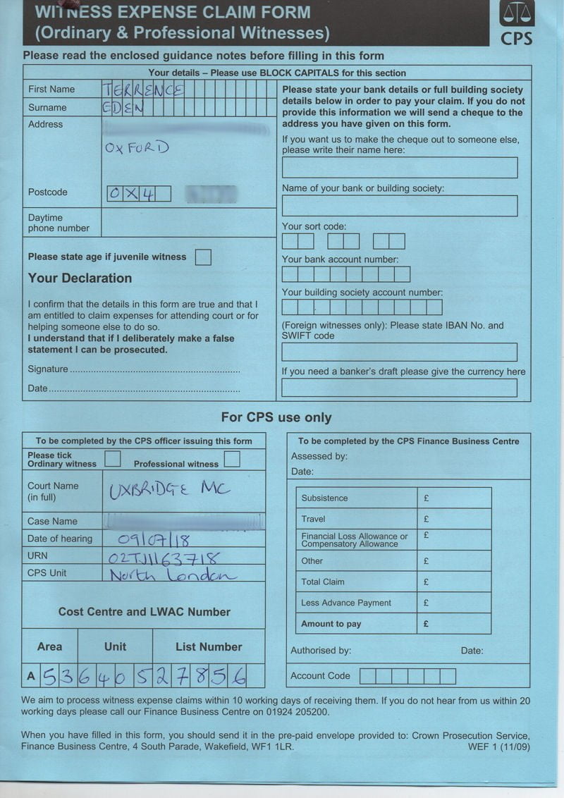 A single page of a Witness Expense Form.