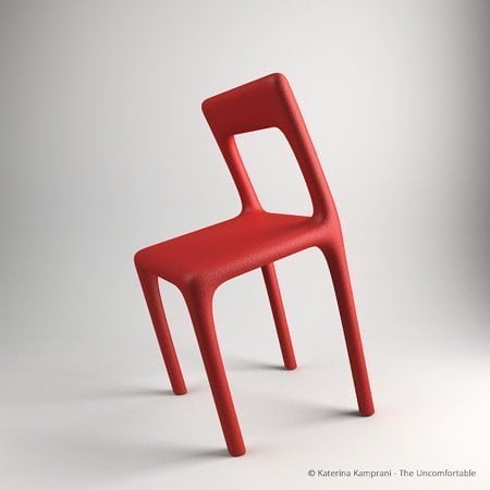 A chair specifically designed to but awkward - it has a bowed seat and leans forward at an uncomfortable angle.