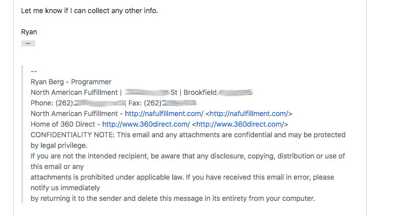A user's email signature - the phone number has been blurred out.
