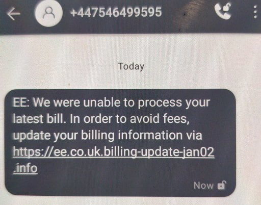 An SMS saying there's a problem with your phone bill.