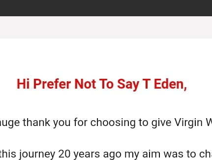 Email which says "Hi Prefer not to say Eden."