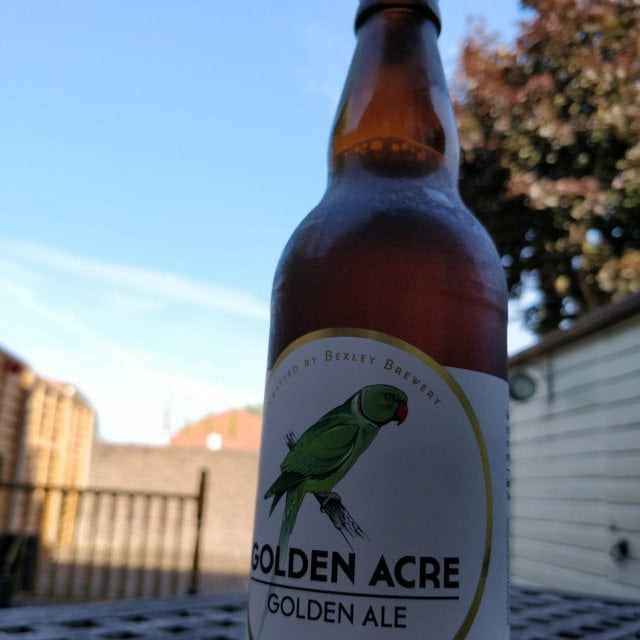 A bottle of beer outside on a sunny day.
