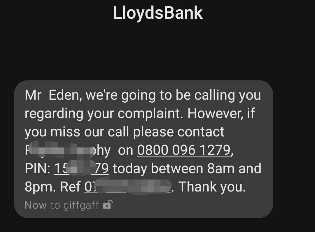 Screenshot of text message from Lloyds bank. It addresses me by name and gives me the name of someone who is going to call me - plus their phone number.