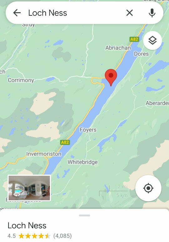 Screenshot of Loch Ness on Google Maps.