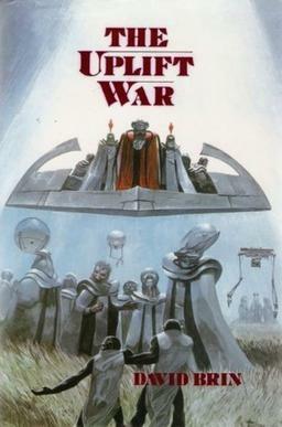 Aliens, humans, and chimps on the front cover of a book.