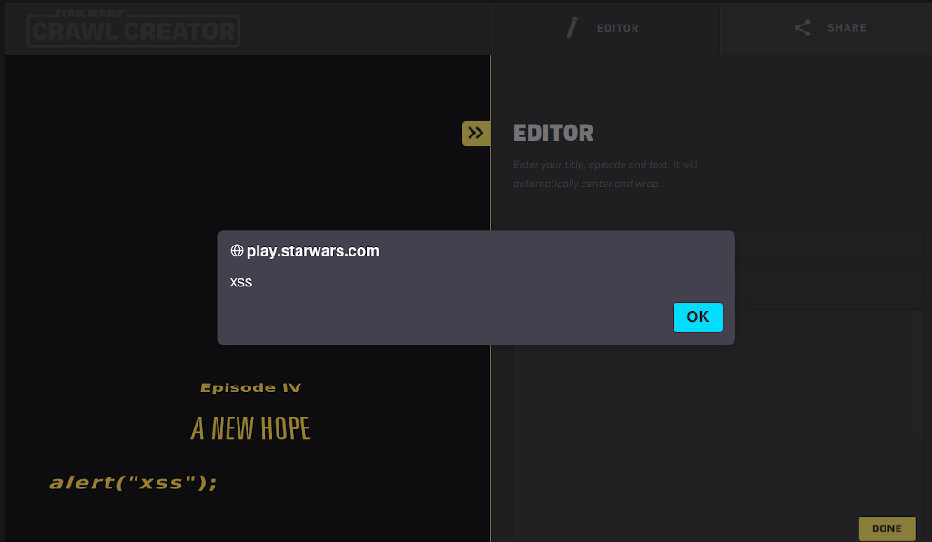 An XSS pop-up on a Star Wars website.