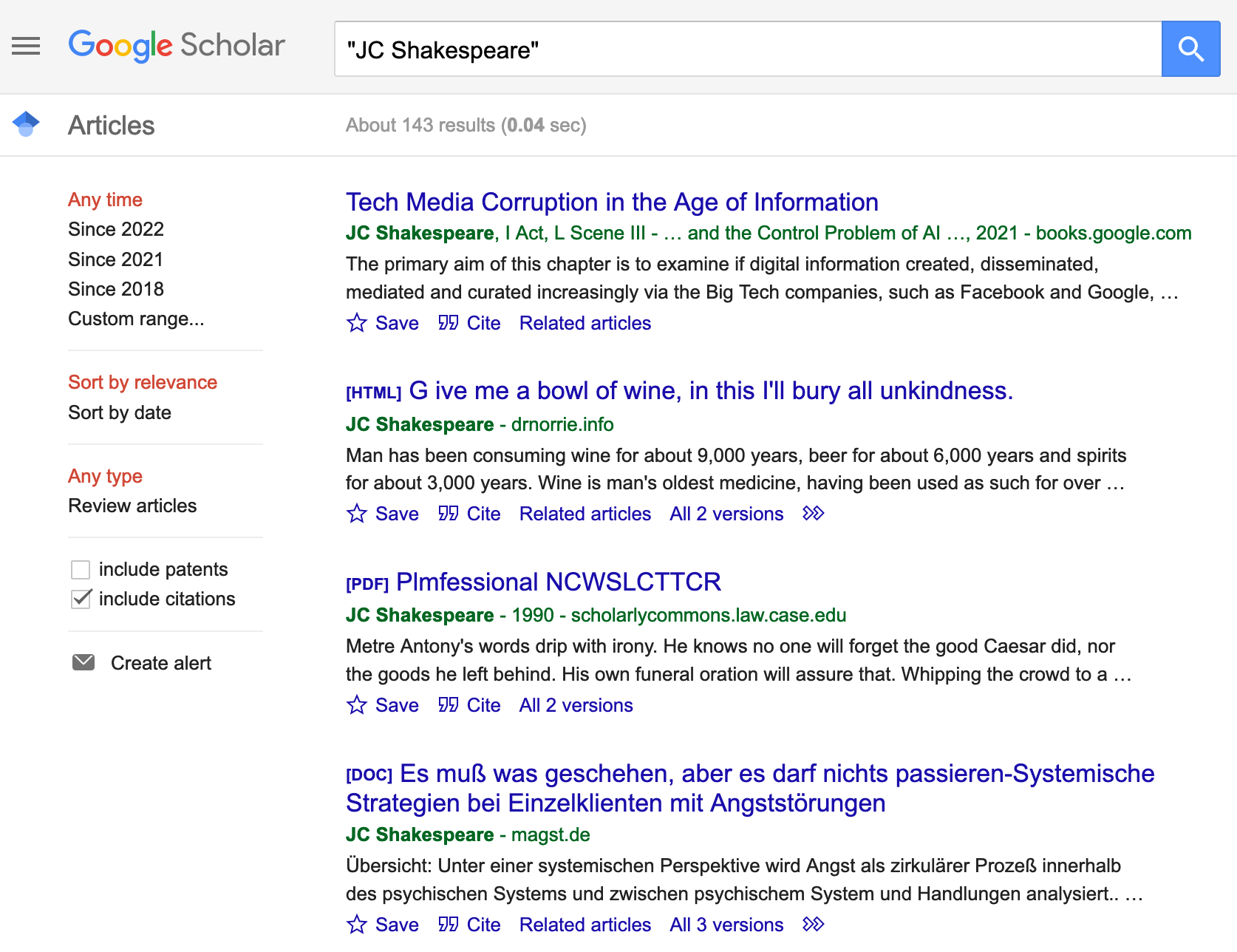 Screenshot of Google Scholar results. Shakespeare has, apparently, written about law, technology, wine, and an article in German.