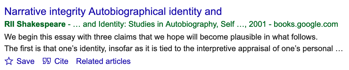 Narrative integrity Autobiographical identity by RIl Shakespeare.
