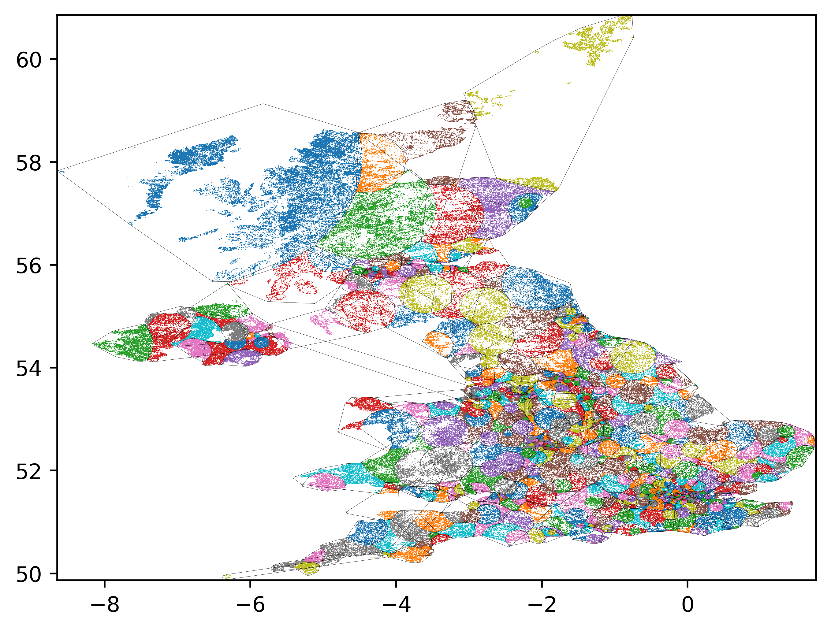 Map of the UK covered in coloured shapes.