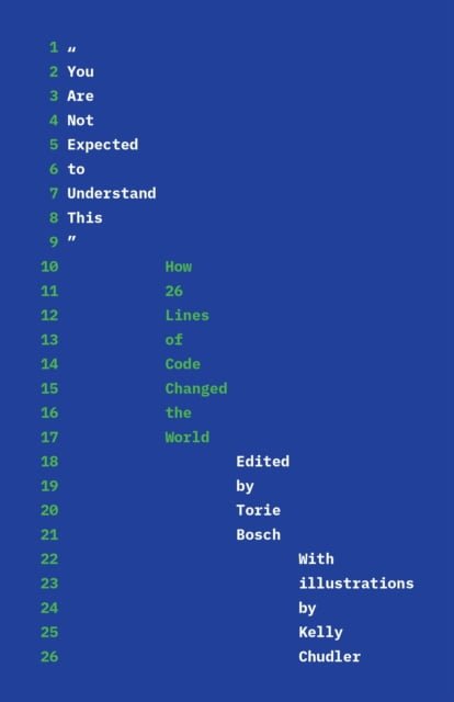 Book cover. Lines of code hover on a blue background.