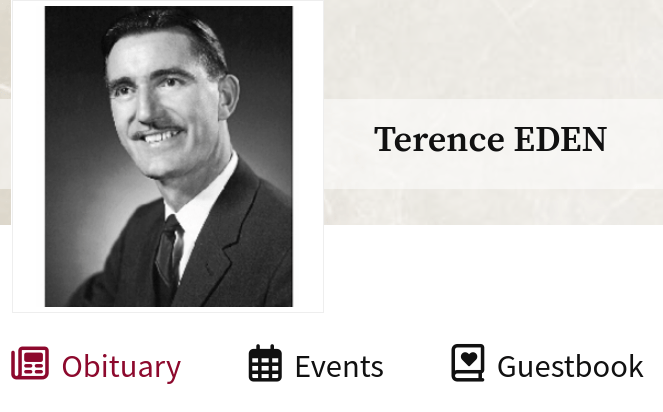 Black and white photo of a gentleman with a moustache. It is embedded on an obituary page.
