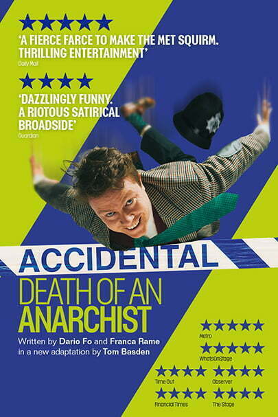 Poster for Accidental Death of an Anarchist. A white man in a suit falls through the air grinning at us all.