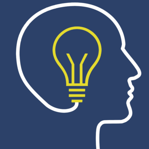Line drawing of a human head. The line curls inwards to the brain, and changes into a lightbulb.