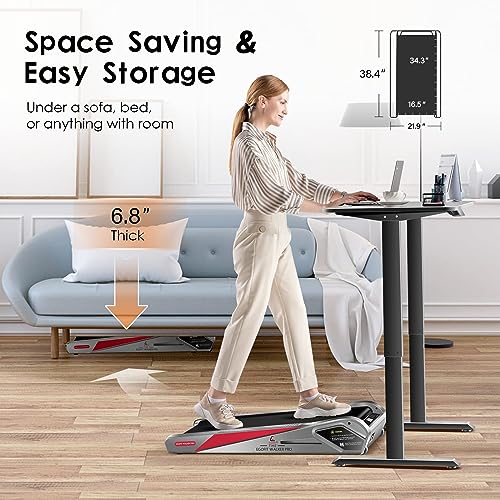 Product shot of a woman on a treadmill using a computer.